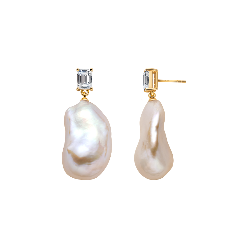 Baroque freshwater pearl rectangular cubic zirconia stud earrings in yellow gold color, front view