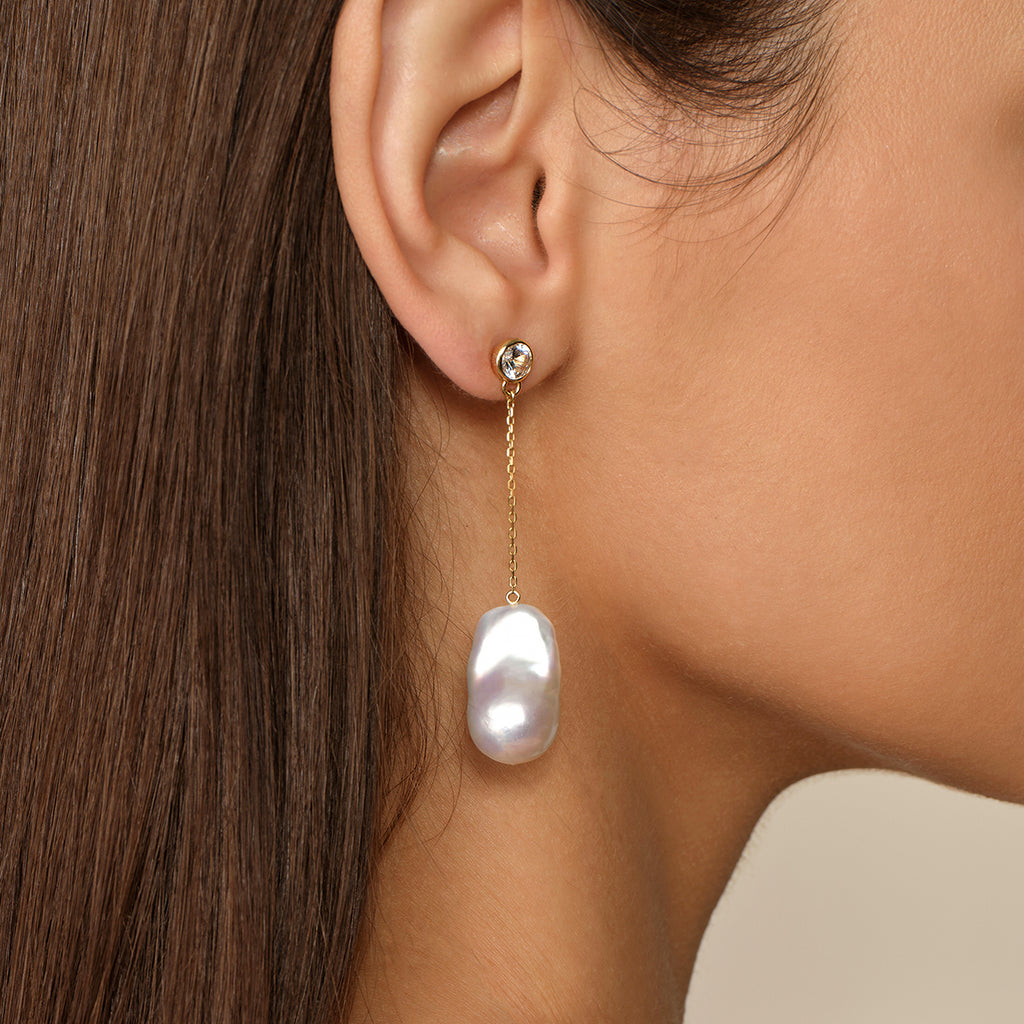 Aura Pearl PLE1144-SY pearl chain drop earrings worn on ear