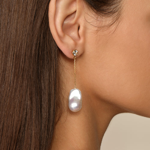 Aura Pearl PLE1144-SY pearl chain drop earrings worn on ear