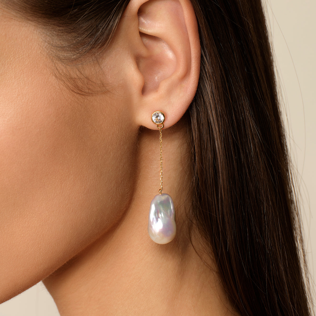 Aura Pearl PLE1144-SY baroque pearl chain drop earrings side view