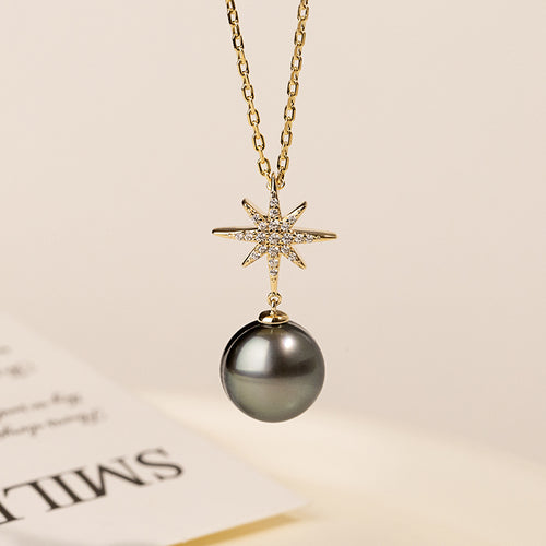Aura Pearl PLN0062-SY Tahitian pearl starburst necklace styled detail