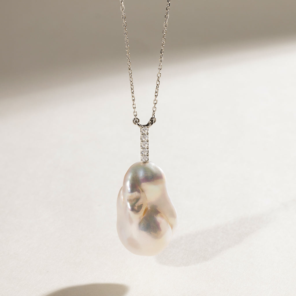 Baroque Freshwater Pearl Vertical CZ Baton Pendant Necklace in 925 Sterling Silver