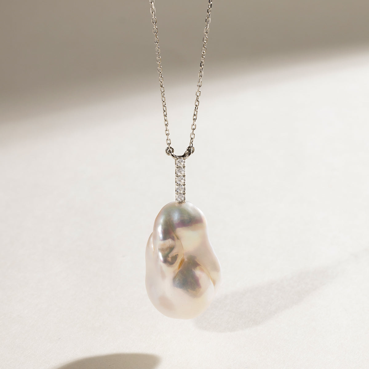 Baroque Freshwater Pearl Vertical CZ Baton Pendant Necklace in 925 Sterling Silver