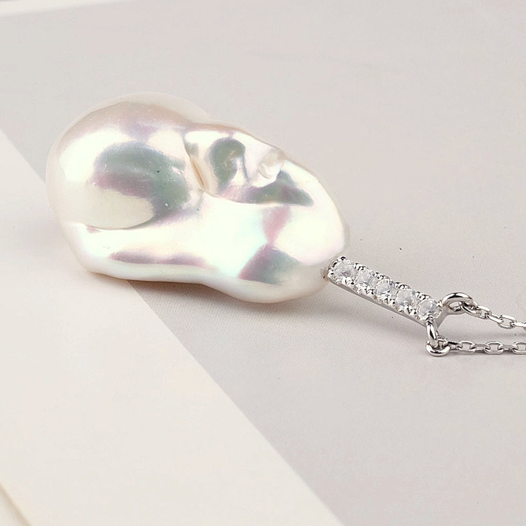 Baroque Freshwater Pearl Vertical CZ Baton Pendant Necklace in 925 Sterling Silver