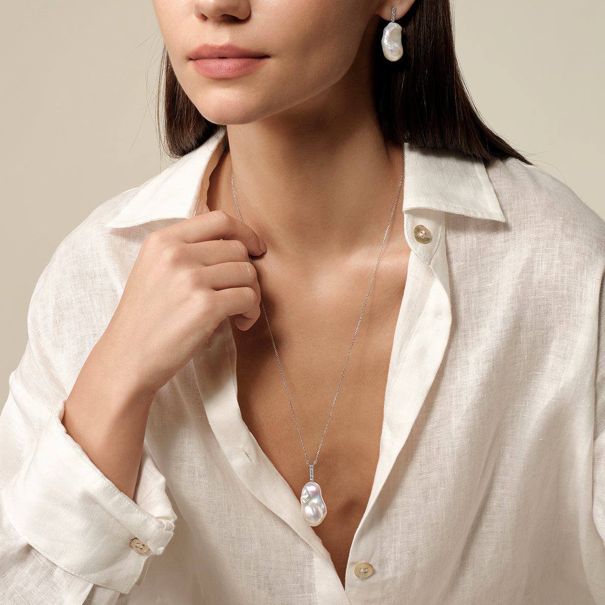 Baroque Freshwater Pearl Vertical CZ Baton Pendant Necklace in 925 Sterling Silver