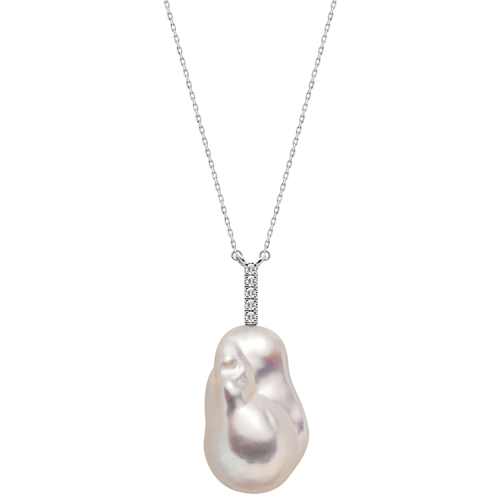 Baroque Freshwater Pearl Vertical CZ Baton Pendant Necklace in 925 Sterling Silver