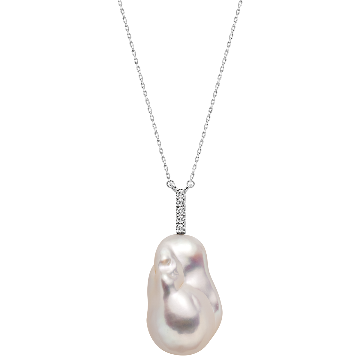 Baroque Freshwater Pearl Vertical CZ Baton Pendant Necklace in 925 Sterling Silver