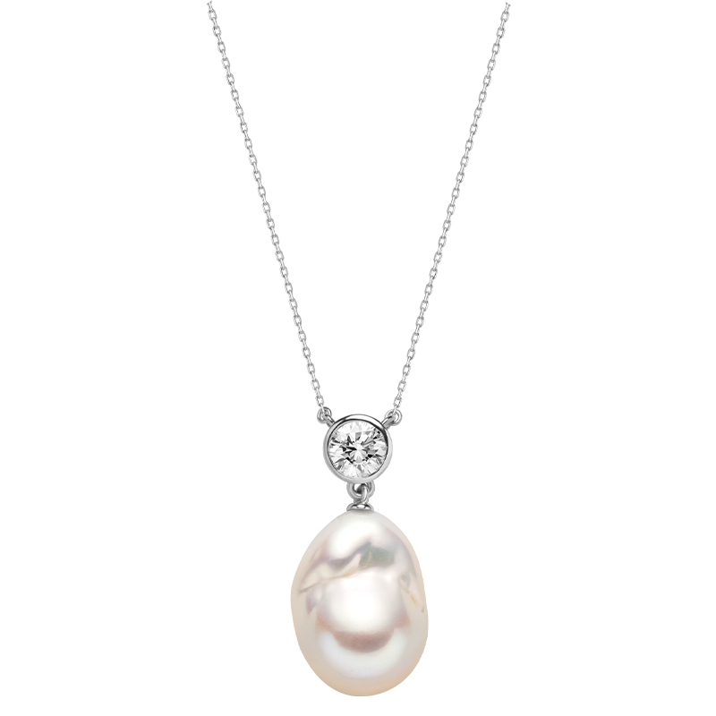 Baroque freshwater pearl and round cubic zirconia pendant necklace in white gold color, front view