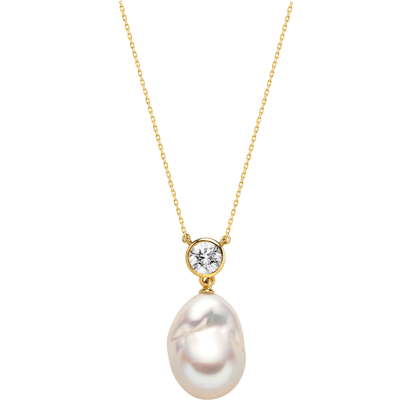 Baroque freshwater pearl and round cubic zirconia pendant necklace in yellow gold color, front view