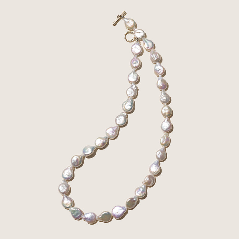 Baroque iridescent freshwater pearl strand necklace detail view