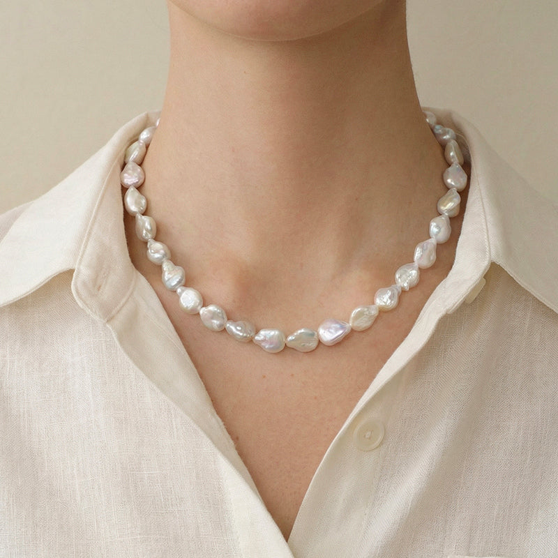 Baroque iridescent freshwater pearl strand necklace layering view