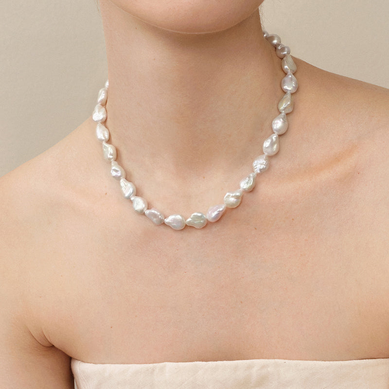 Baroque iridescent freshwater pearl strand necklace lifestyle view