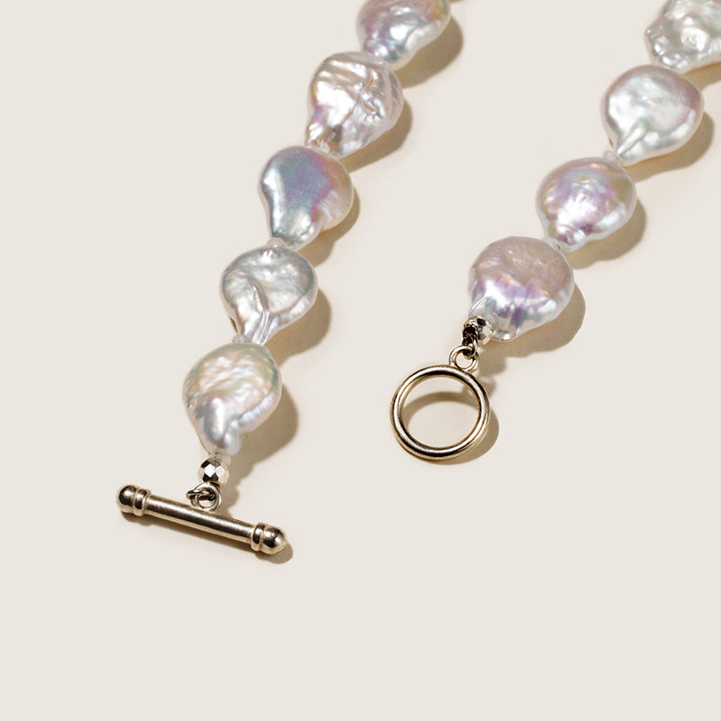 Baroque iridescent freshwater pearl strand necklace OT clasp detail