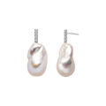 Baroque freshwater pearl cubic zirconia bar stud earrings in white gold color, front view