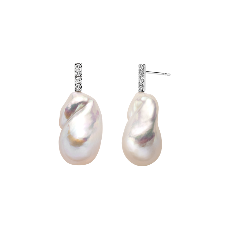 Baroque freshwater pearl cubic zirconia bar stud earrings in white gold color, front view