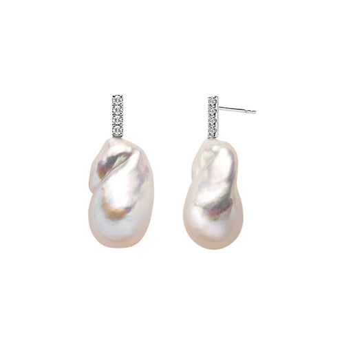 Baroque freshwater pearl cubic zirconia bar stud earrings in white gold color, front view