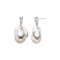 Baroque freshwater pearl double cubic zirconia stud earrings in white gold color, front view