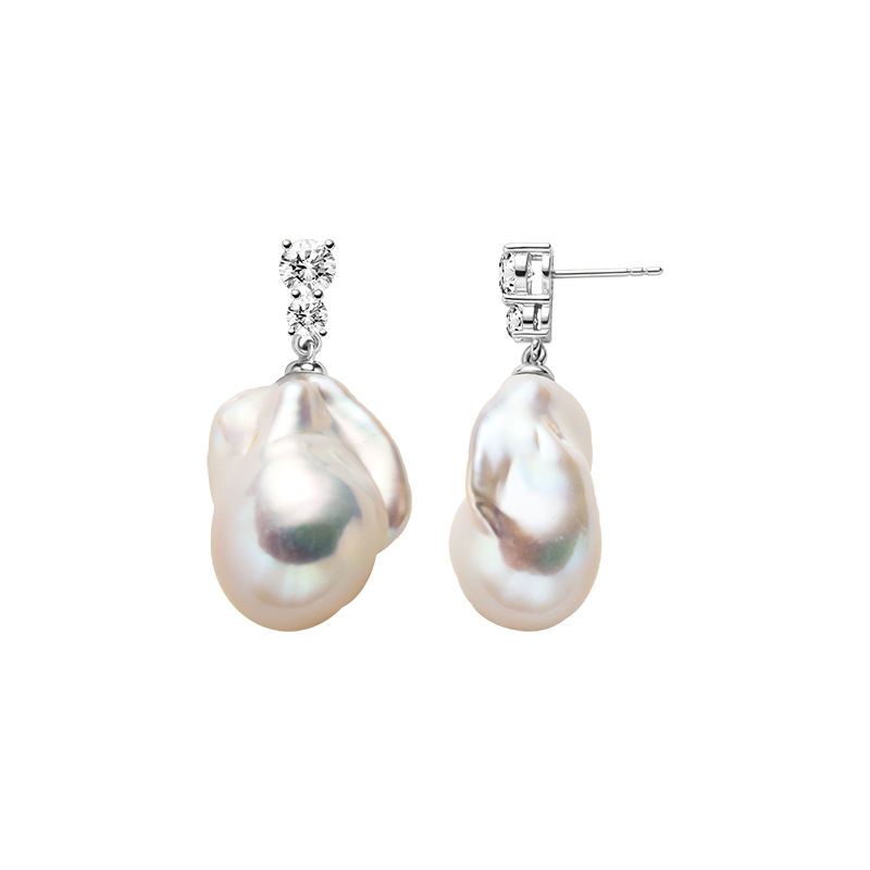 Baroque freshwater pearl double cubic zirconia stud earrings in white gold color, front view