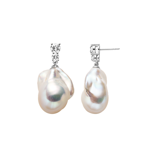 Baroque freshwater pearl double cubic zirconia stud earrings in white gold color, front view