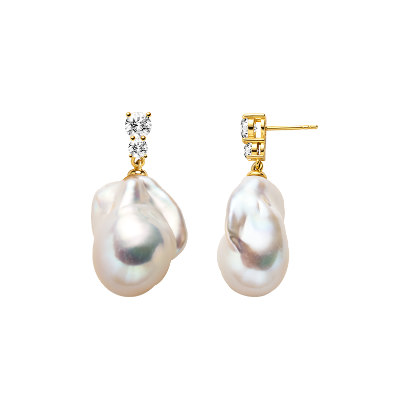 Baroque freshwater pearl double cubic zirconia stud earrings in yellow gold color, front view