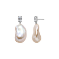 Baroque freshwater pearl rectangular cubic zirconia stud earrings in white gold color, front view