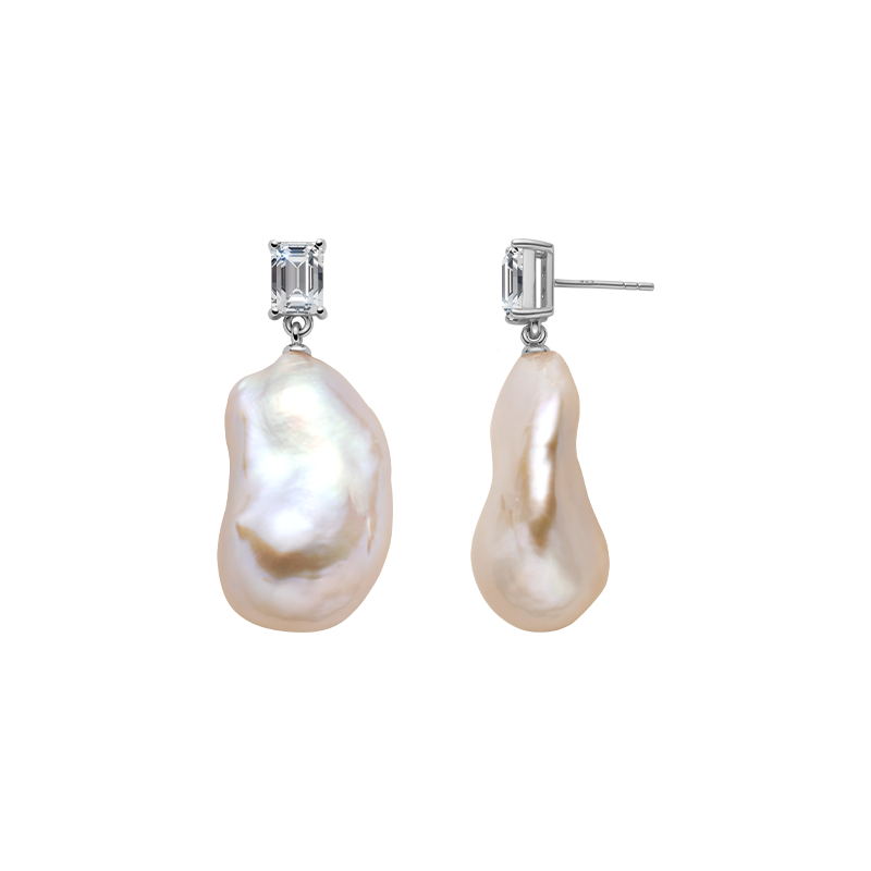 Baroque freshwater pearl rectangular cubic zirconia stud earrings in white gold color, front view