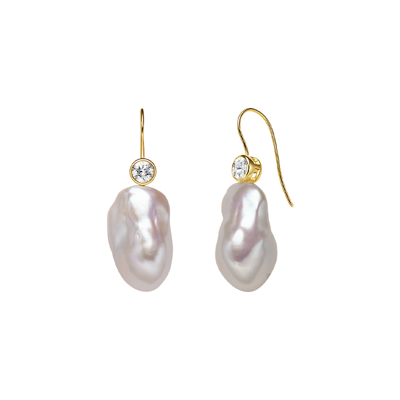 Baroque freshwater pearl and round cubic zirconia hook earrings in yellow gold color, front view