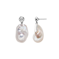 Baroque freshwater pearl round cubic zirconia stud earrings in white gold color, front view