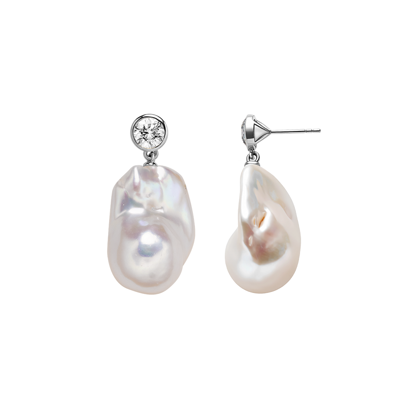 Baroque freshwater pearl round cubic zirconia stud earrings in white gold color, front view