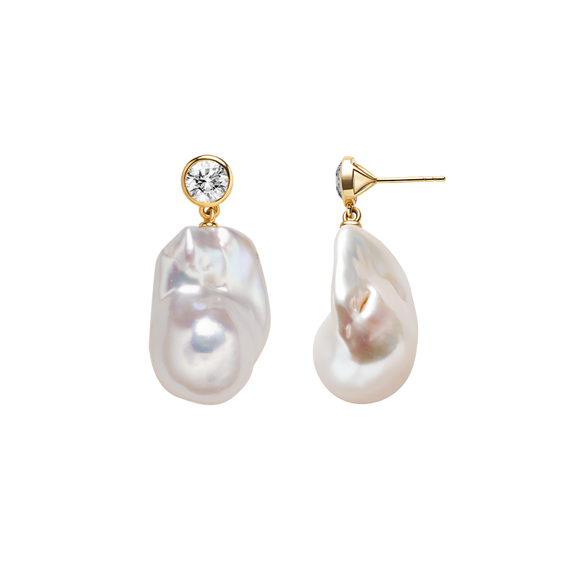 Baroque freshwater pearl round cubic zirconia stud earrings in yellow gold color, front view