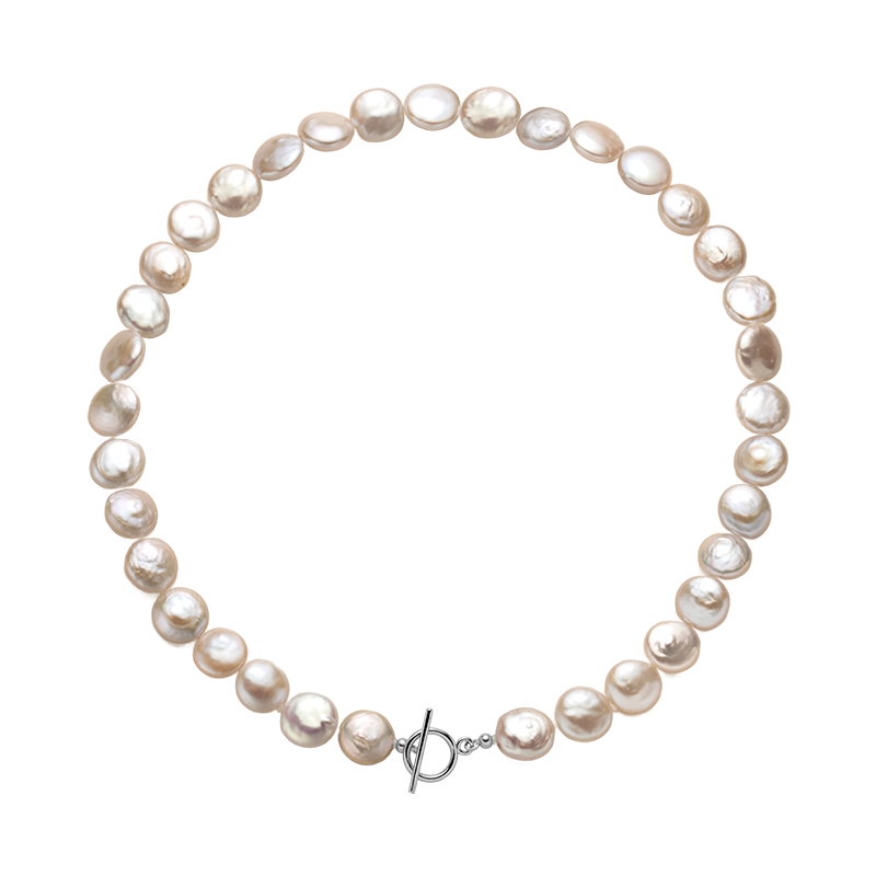 Button iridescent freshwater pearl strand necklace with 10.0 to 12.0mm pearls, front view