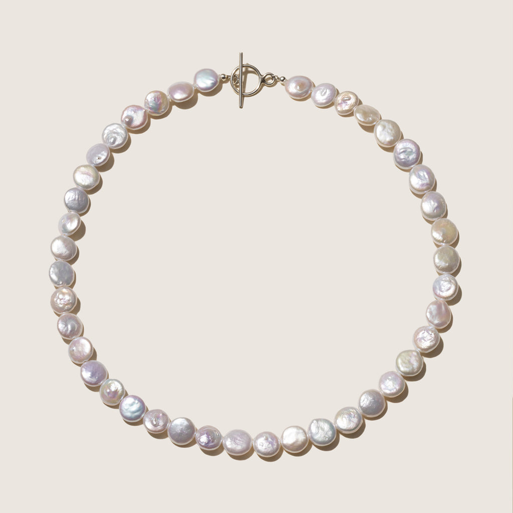 Button iridescent freshwater pearl strand necklace 9.0 to 10.0mm detail view