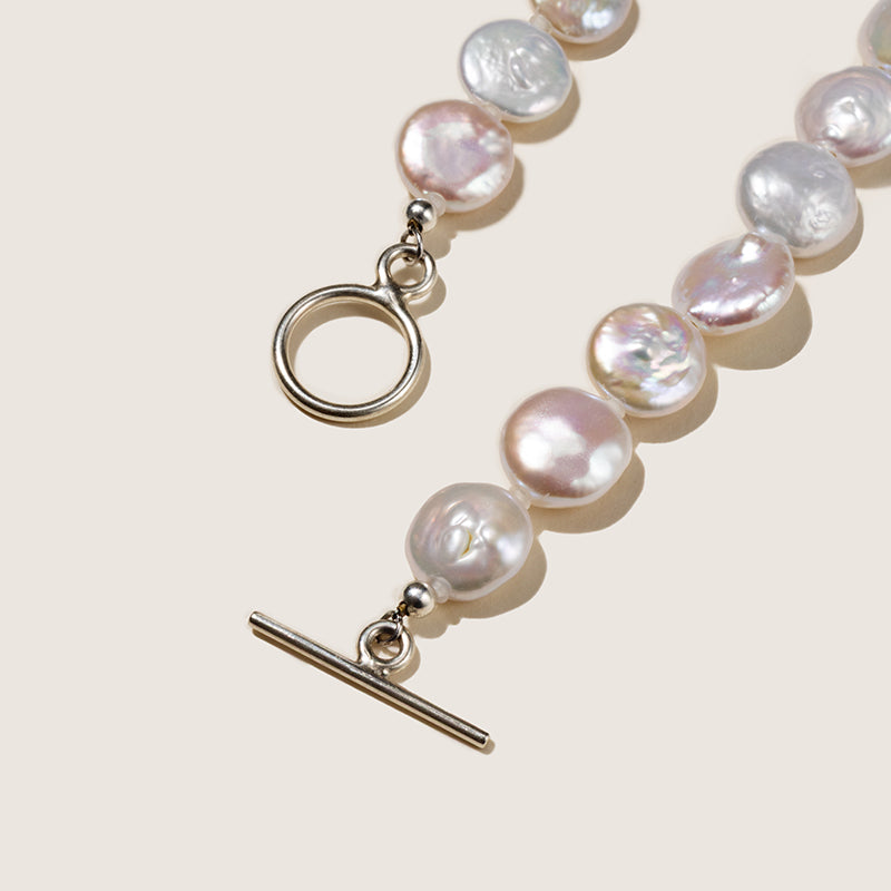 Button iridescent freshwater pearl strand necklace display view
