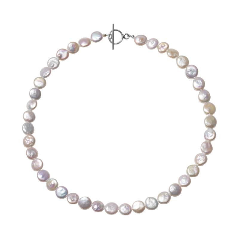 Button iridescent freshwater pearl strand necklace with 9.0 to 10.0mm pearls, front view