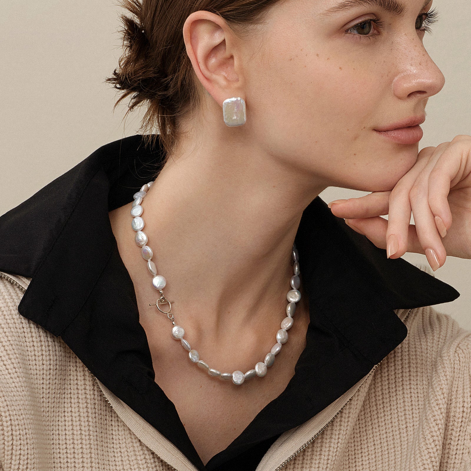Button iridescent freshwater pearl strand necklace lifestyle view