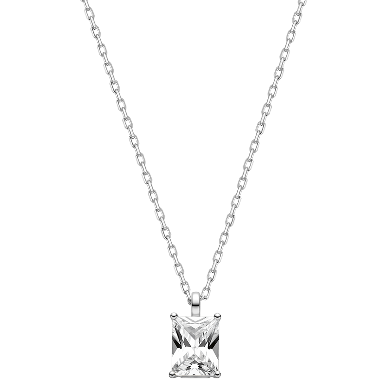 Emerald-cut cubic zirconia pendant necklace in white gold color, front view