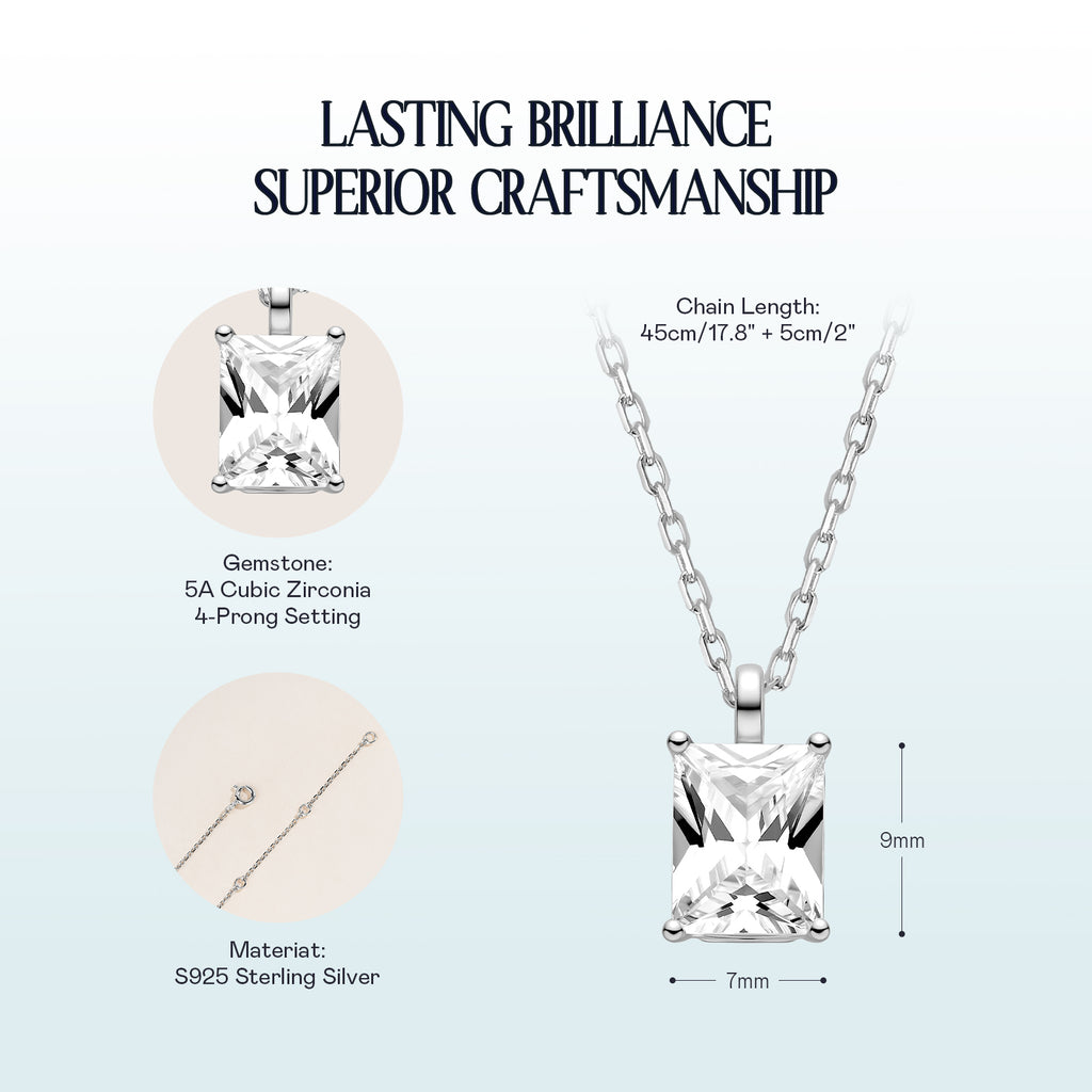 Emerald-cut cubic zirconia pendant necklace white gold color specification card