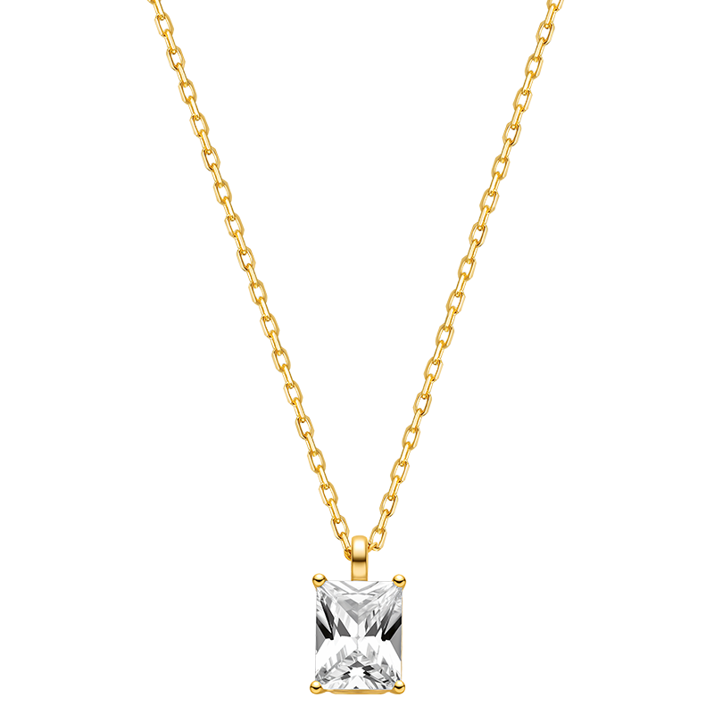 Emerald-cut cubic zirconia pendant necklace in yellow gold color, front view