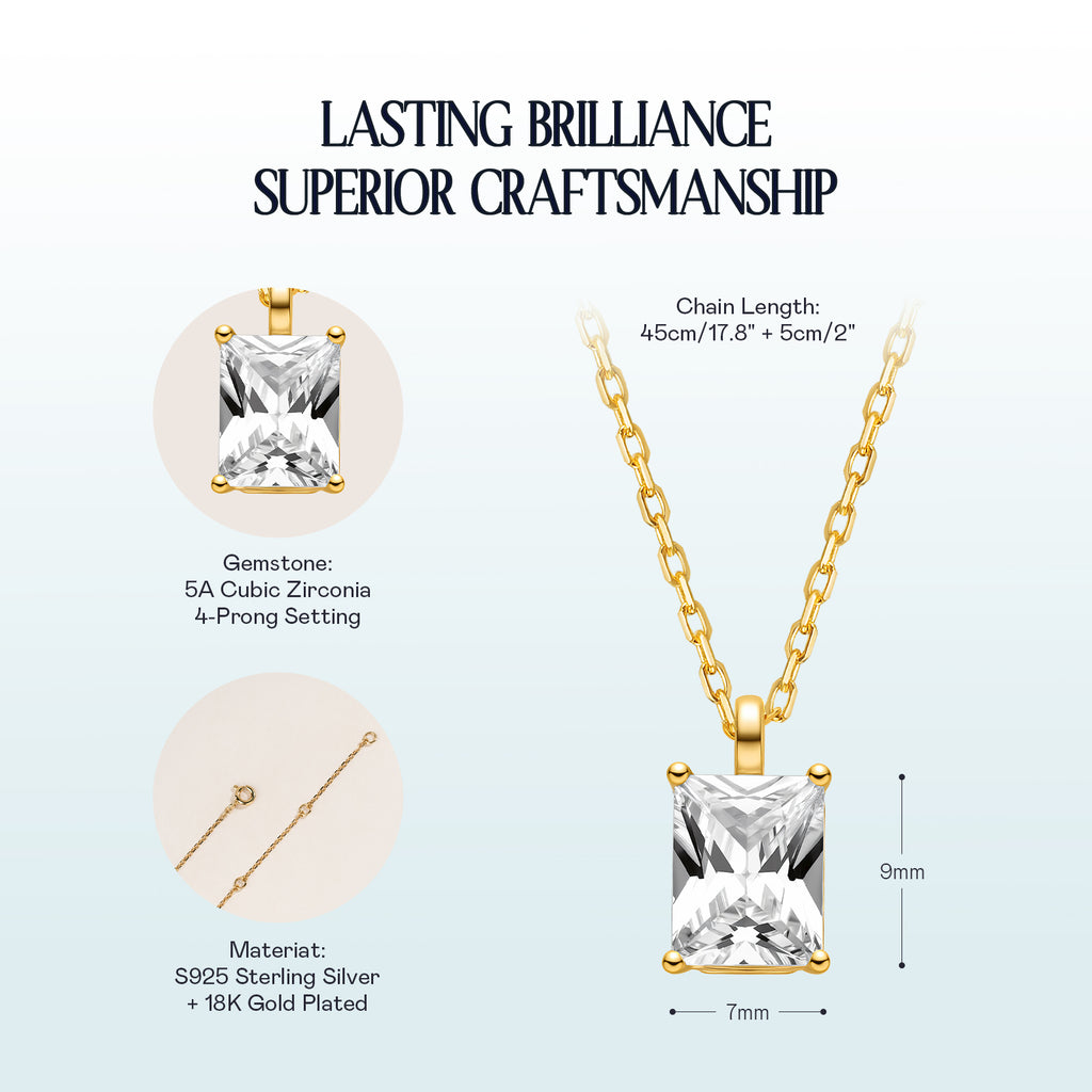 Emerald-cut cubic zirconia pendant necklace yellow gold color specification card