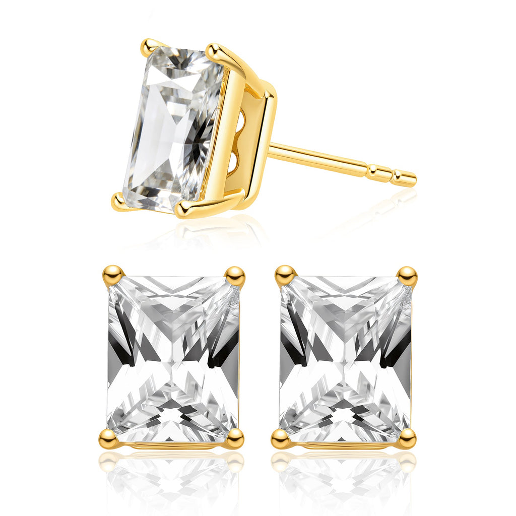 Emerald-cut cubic zirconia stud earrings in gold color side detail