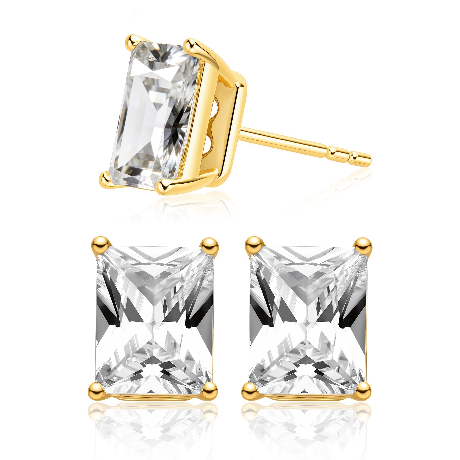 Emerald-cut cubic zirconia stud earrings in gold color side detail