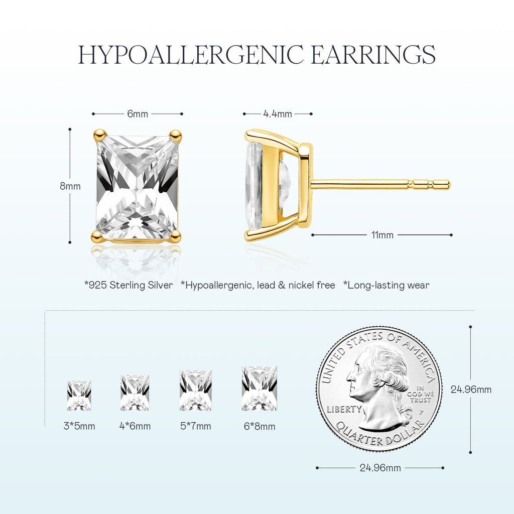 Emerald-cut cubic zirconia stud earrings gold color specification card