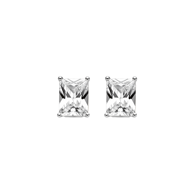 Emerald-cut cubic zirconia stud earrings in silver color front pair view