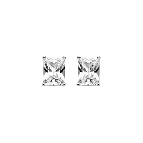 Emerald-cut cubic zirconia stud earrings in silver color front pair view