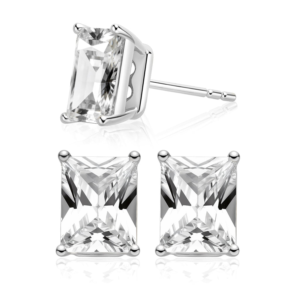Emerald-cut cubic zirconia stud earrings in silver color side detail