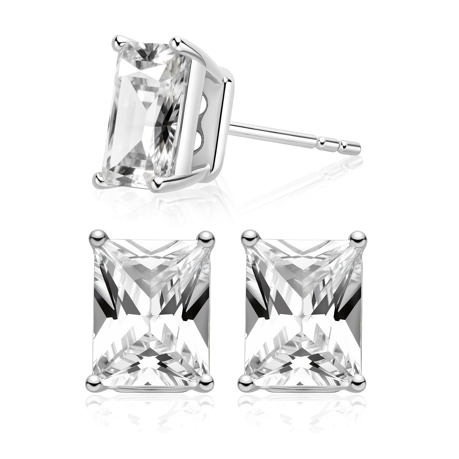 Emerald-cut cubic zirconia stud earrings in silver color side detail