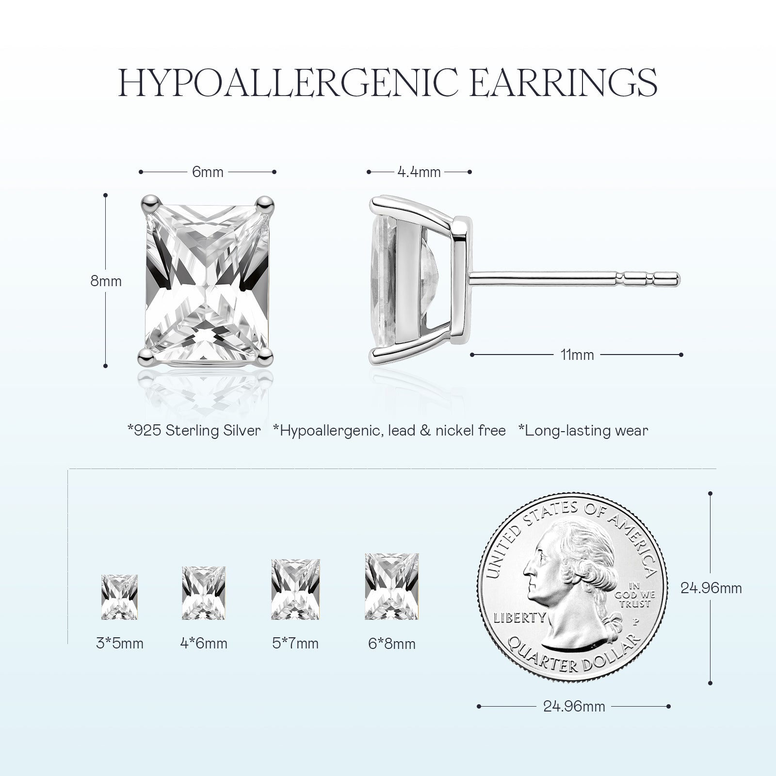 Emerald-cut cubic zirconia stud earrings silver color specification card
