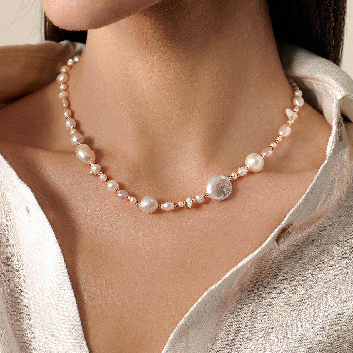 Mixed freshwater baroque pearl strand necklace layered view