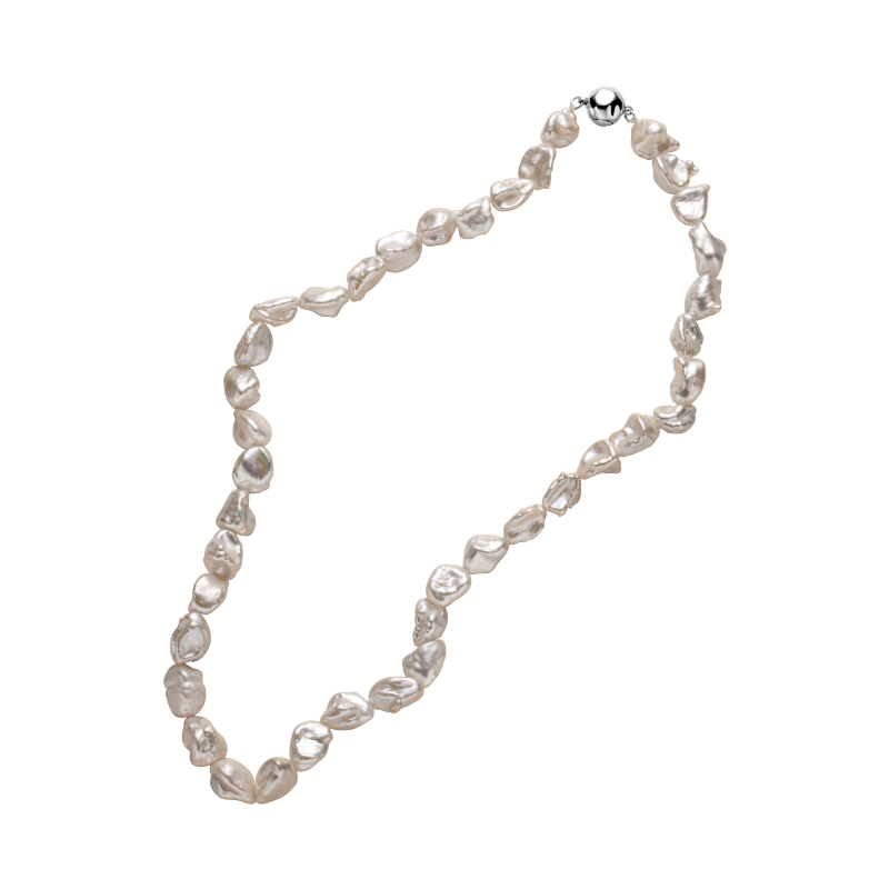 Freshwater Keshi pearl strand necklace with a sterling silver button clasp, front view