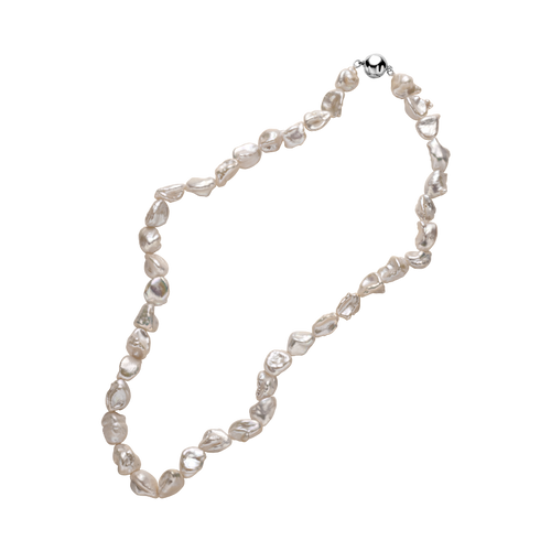 Freshwater Keshi pearl strand necklace with a sterling silver button clasp, front view